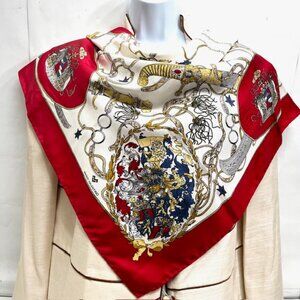 Unused-Valentino Mario 100% Silk Scarf  34" x 34" Red Ivery chain bow ties (17)